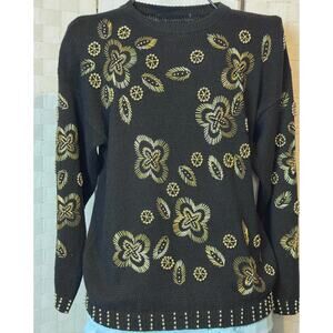 Vintage Black Sweater with Gold Floral Beading Size XXL